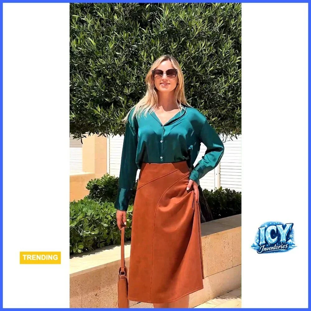 Faux Suede Midi Skirt High Waist A-Line Fall Winter Regular Fit